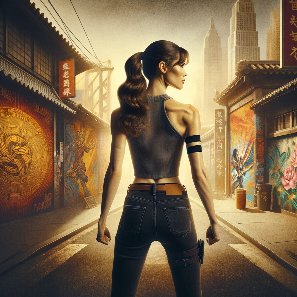 Athletic Thin skinny Attractive, Asian teenage girl, long brown hair and bangs, wearing tight skinny jeans and a halter top paint marks on her clothing, heroic pose Asian graffiti background, backside view