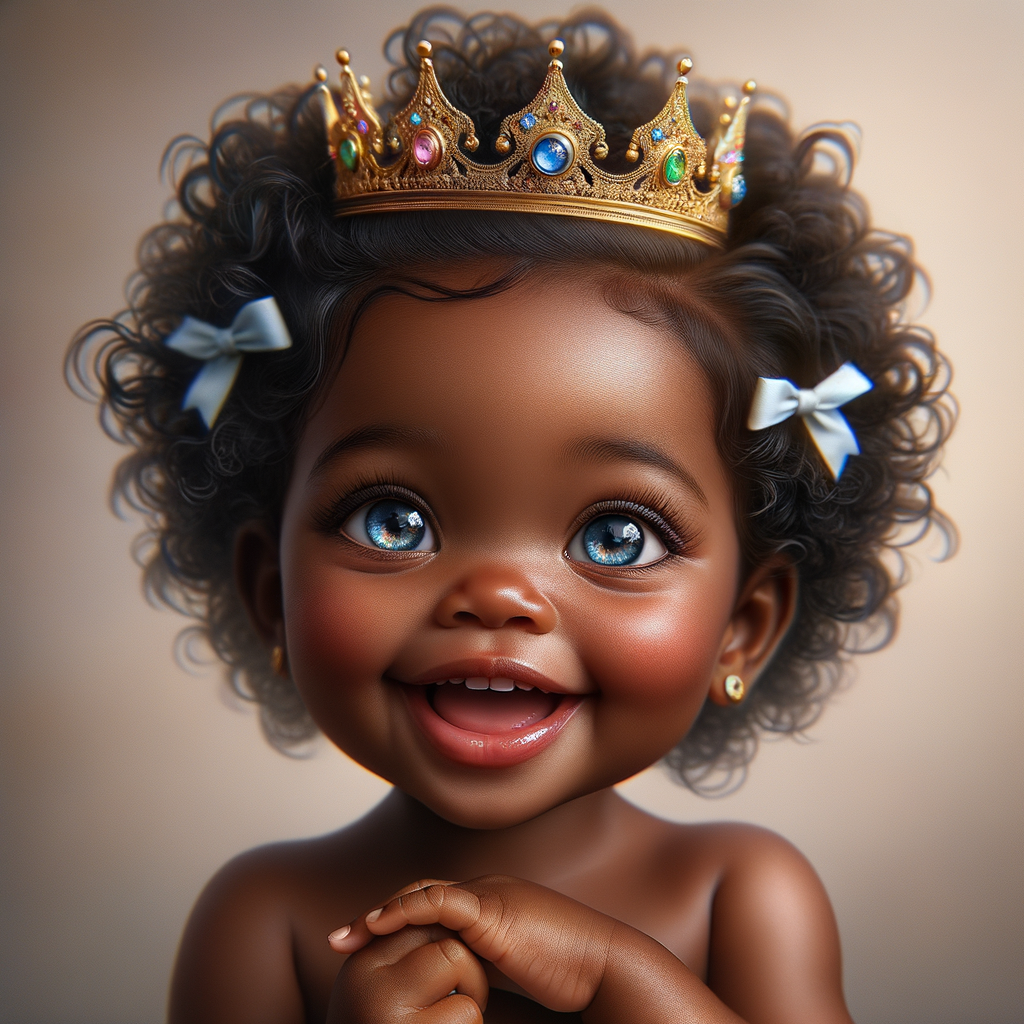 "Create a digital portrait of an adorable african-American baby girl with a joyful expression. She is wearing a gold crown with colorful jewels. Her big, bright blue eyes are wide with wonder, and her tiny mouth is shaped in a happy grin. Her skin has a warm, honey-brown tone, and she has an abundance of curly black hair, playfully tied up with light blue bows. The background is soft and neutral to keep the focus on her delightful features. The portrait should be vibrant and heartwarming, celebrating the innocence and charm of childhood."