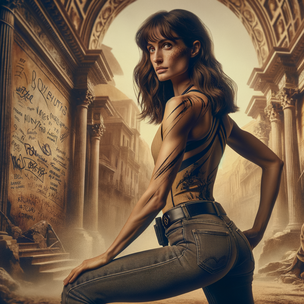 Athletic Thin skinny Attractive, Asian teenage girl, long brown hair and bangs, wearing tight skinny jeans and a halter top paint marks on her clothing, heroic pose Asian graffiti background, backside view