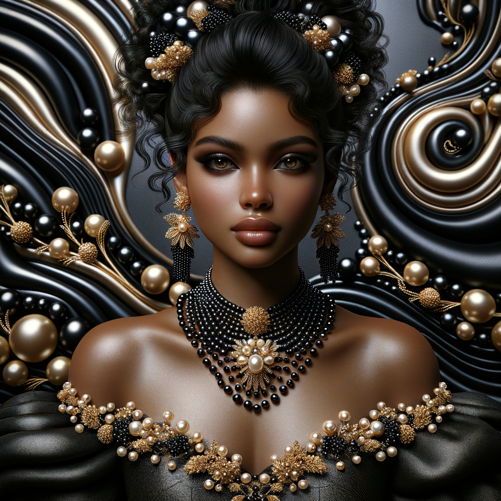 Imagine a digital portrait of a light skinned African-American Latino regal woman named KAREN Her attire and accessories are exclusively adorned with black and gold pearls. They grace her voluminous hair, styled in an elegant updo, where the black pearls form the roots and the gold pearls create the stunning curls. Her ears boast chandelier earrings, with black pearls clustered at the top, transitioning to gold pearls that dangle with delicate grace. Around her neck, a tiered necklace cascades with strands of alternating black and gold pearls, reflecting a sophisticated contrast.

Her shoulders are draped with a luxurious off-shoulder gown, the fabric's weave incorporating intricate patterns formed by black and gold pearls. The gown's texture has a subtle sheen, suggesting a high-quality material with a pearlescent finish. As a centerpiece, a grand brooch sits at her collar, with a large gold pearl surrounded by an elaborate design of smaller black pearls.

The background of the portrait features an abstract composition of floating pearls, swirling in a dance of shadows and light, emphasizing the color theme of black and gold. The name "KAREN" is discreetly integrated into the lower right corner of the artwork, blending seamlessly with the design, as if it were a signature part of the jewelry ensemble. The overall effect is one of timeless elegance, a blend of modern design and classic beauty, all tied together by the luxurious palette of black and gold.