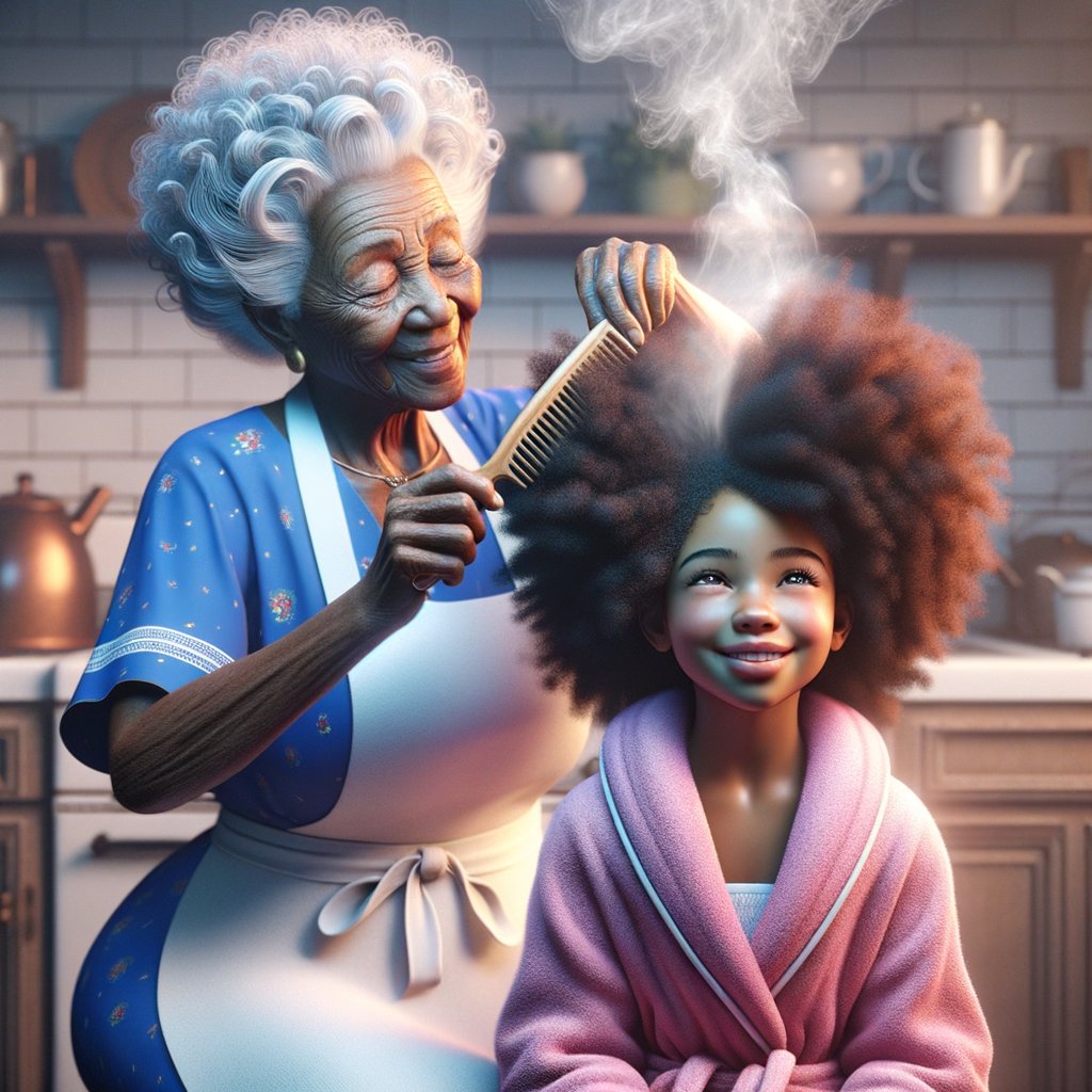 Create a realistic 3-D image of an african-American grandmother wearing a blue house dress and a white apron . She is in the kitchen with her african-American granddaughter. Her granddaughter is wearing a pink bath robe. The grandmother has a hot comb in her hand and she is straightening her granddaughters hair. One side of her granddaughters hair is in  a Afro the other straight 
There is smoke coming from the hot comb
The granddaughter is making a face