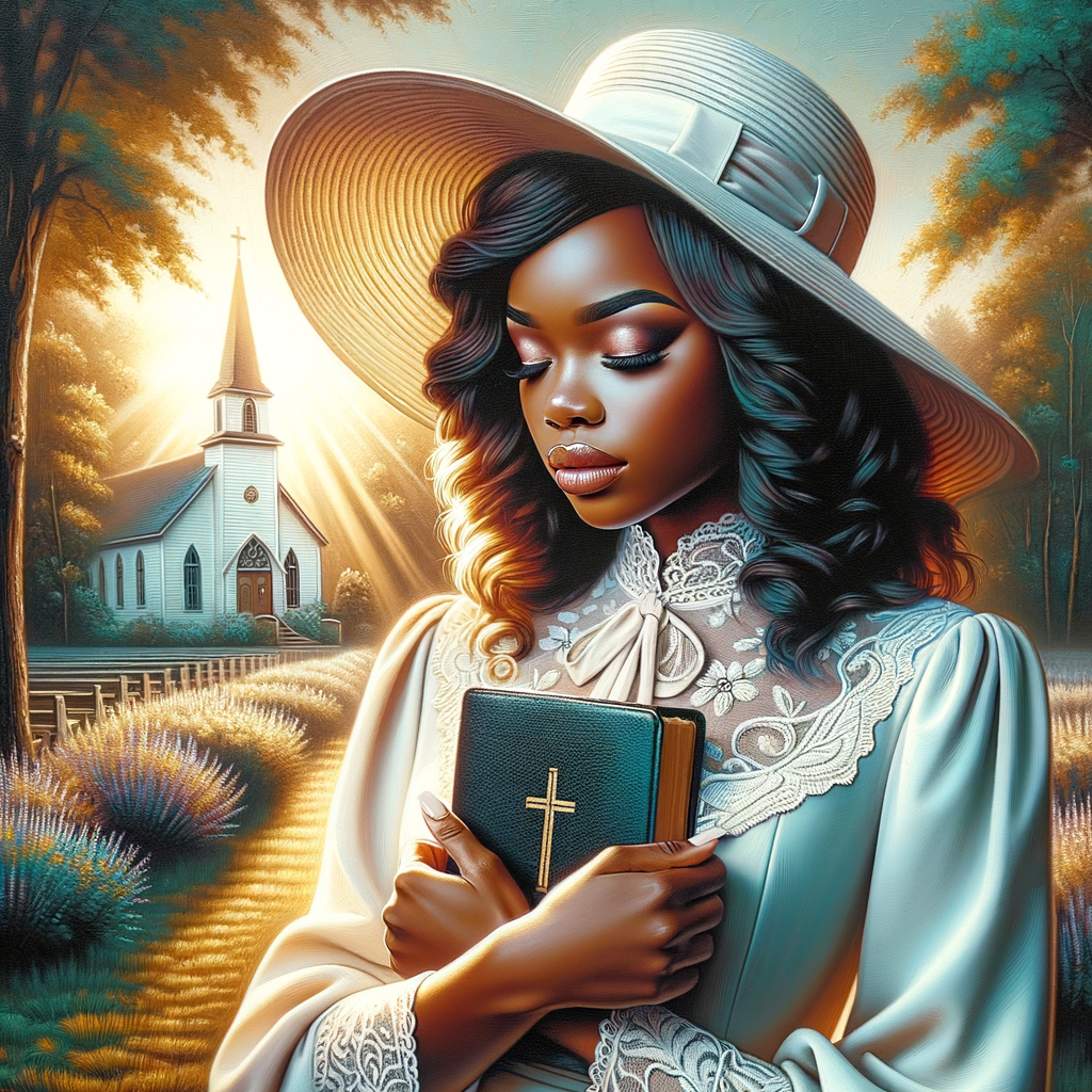 Render an airbrush oil painting of an African American woman with flawless makeup in a
contemplative pose, holding a Bible close to her heart, dressed in an elegant Sunday Best
outfit with a distinctive Church Hat. The background features a peaceful church garden,
with light filtering through the trees, highlighting her spiritual connection and the personal
moment of reflection. The artwork should capture the tranquility of the scene, the beauty
of her attire, and the depth of her contemplation, reflecting a serene and spiritually