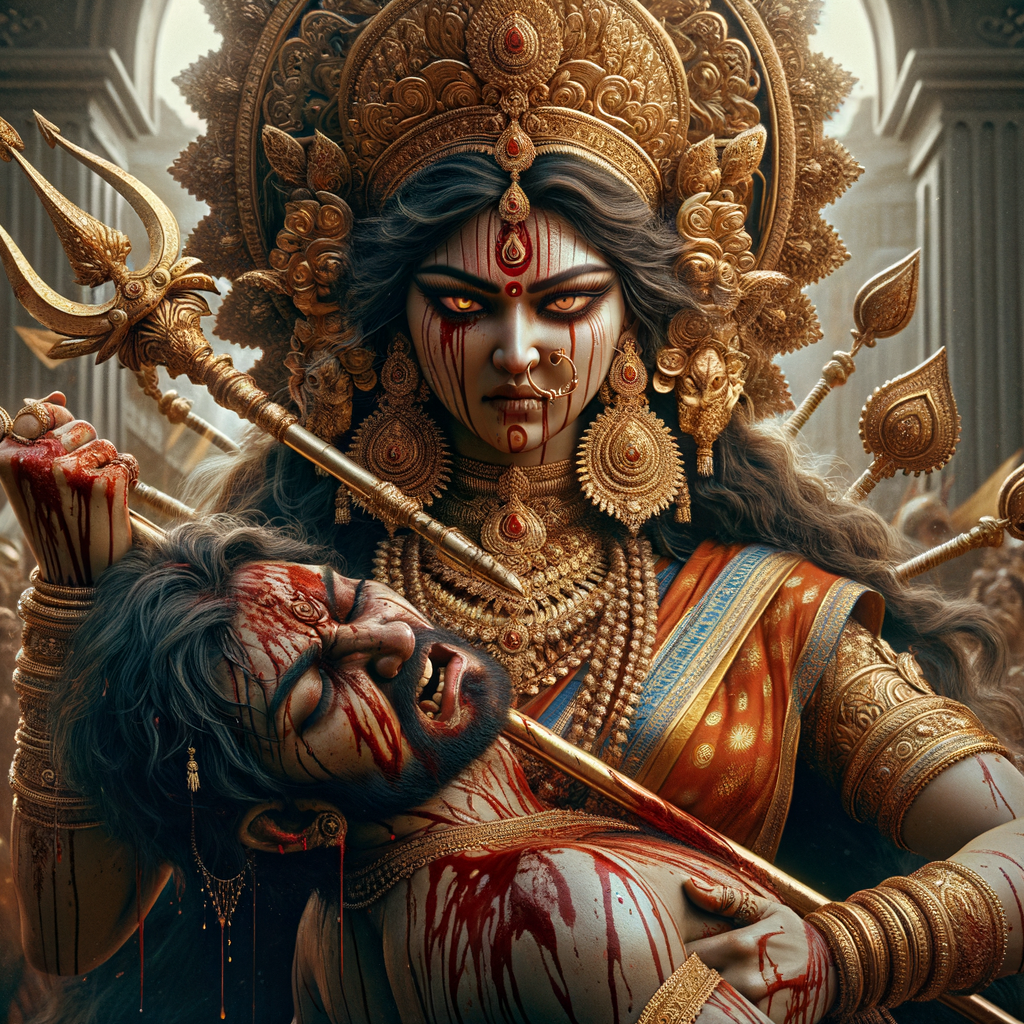 portrait of angry looking goddess durga  carrying a weak mahishasur in her arms and stabbing him with her amazingly designed trident. She is wearing a huge gold crown, red saree, abundant  gold jewelry, covered in blood. The scene is set in ancient India. The image is 8K resolution, cinematic, ultra detailed face and epic.