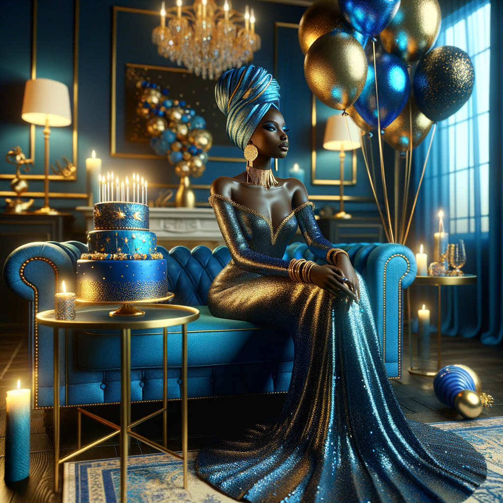 Create a 3-D realistic, African-American woman, she is seated on a luxurious blue couch. She is dressed in a splendid blue and gold gown, with the fabric shimmering like a starlit night sky. Her outfit is complemented by gold earrings and a chic blue and gold head wrap crowning her head with elegance. Beside her, a beautifully decorated birthday cake adorned with blue and gold icing, stands on a small table, with candles waiting to be wished upon. In the air, blue and gold balloons catch the light, adding a touch of magic. The room itself is a harmony of celebration, with hints of gold accents against blue decor, creating an atmosphere of joyous celebration.