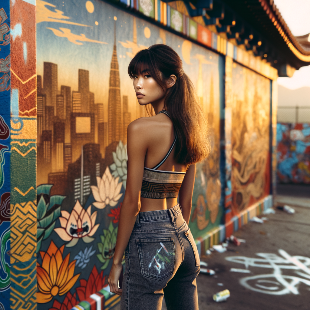 Athletic Thin skinny Attractive, Asian teenage girl, long brown hair and bangs, wearing tight skinny jeans and a halter top paint marks on her clothing, heroic pose Asian graffiti background, backside view