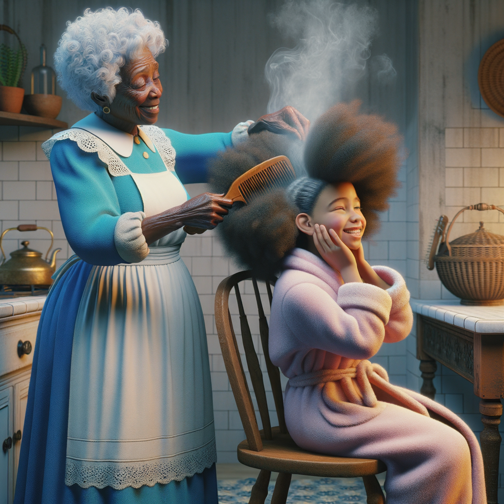 Create a realistic 3-D image of an african-American grandmother wearing a blue house dress and a white apron . She is in the kitchen with her african-American granddaughter. Her granddaughter is wearing a pink bath robe. The grandmother has a hot comb in her hand and she is straightening her granddaughters hair. One side of her granddaughters hair is in  a Afro the other straight 
There is smoke coming from the hot comb
The granddaughter is holding her ear and making a funny face