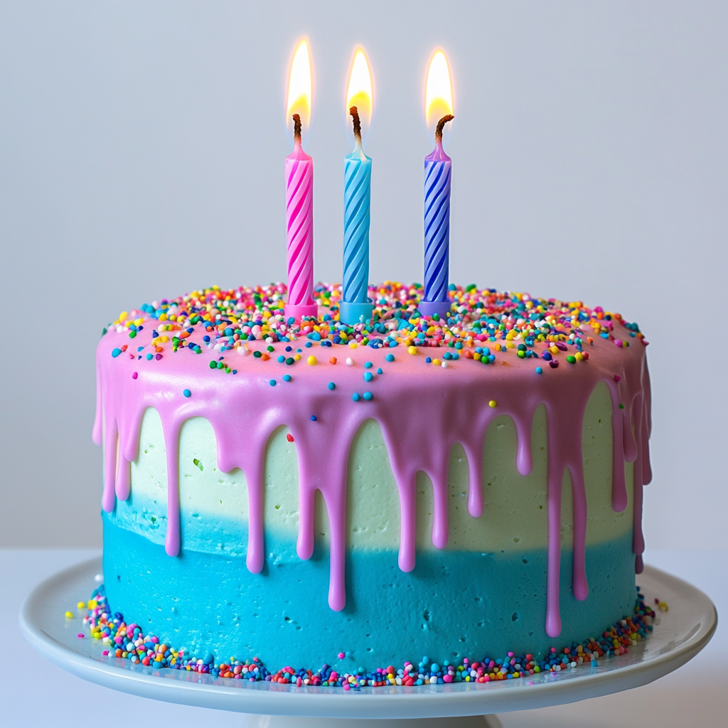 A vibrant, festive birthday cake with three lit candles on top. The cake is a two tiered sponge with colorful frosting—pastel pink on the top layer and sky blue on the bottom. The frosting drips slightly over the edges for a delicious effect. Bright, multicolored sprinkles are scattered over the top. The three candles are evenly spaced, each with a different color—red, yellow, and blue—with soft glowing flames. The background is white