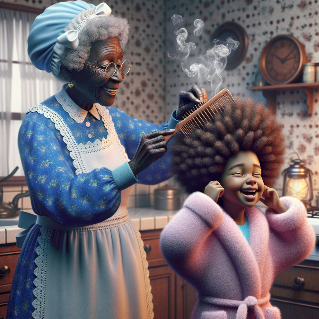 Create a realistic 3-D image of an african-American grandmother wearing a blue house dress and a white apron . She is in the kitchen with her african-American granddaughter. Her granddaughter is wearing a pink bath robe. The grandmother has a hot comb in her hand and she is straightening her granddaughters hair. One side of her granddaughters hair is in  a Afro the other straight 
There is smoke coming from the hot comb
The granddaughter is holding her ear and making a funny face