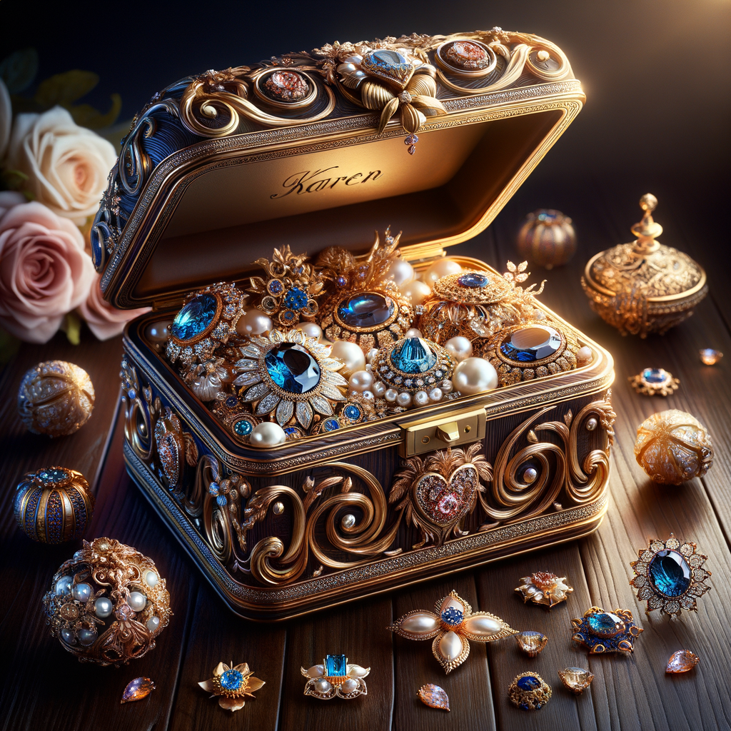 Create an image of an ornate jewelry box richly detailed with golden swirls and floral motifs, with no items on the top. Inside the box lies a collection of exquisite jewelry, each piece featuring vibrant blue gemstones set amongst pearls and golden accents. This treasure is placed on a dark wooden surface, subtly reflecting the luster of the gems. Around the box, there are loose gemstones, a golden flower, and soft pink roses in the blurred background, contributing to the elegant ambiance. The name 'Karen' is elegantly inscribed above the jewelry box, adding a personalized touch to the scene.