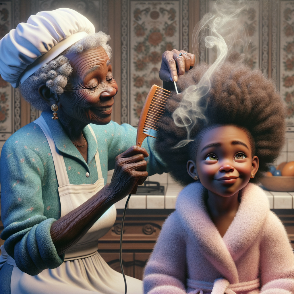 Create a realistic 3-D image of an african-American grandmother wearing a blue house dress and a white apron . She is in the kitchen with her african-American granddaughter. Her granddaughter is wearing a pink bath robe. The grandmother has a hot comb in her hand and she is straightening her granddaughters hair. One side of her granddaughters hair is in  a Afro the other straight 
There is smoke coming from the hot comb
The granddaughter is making a face