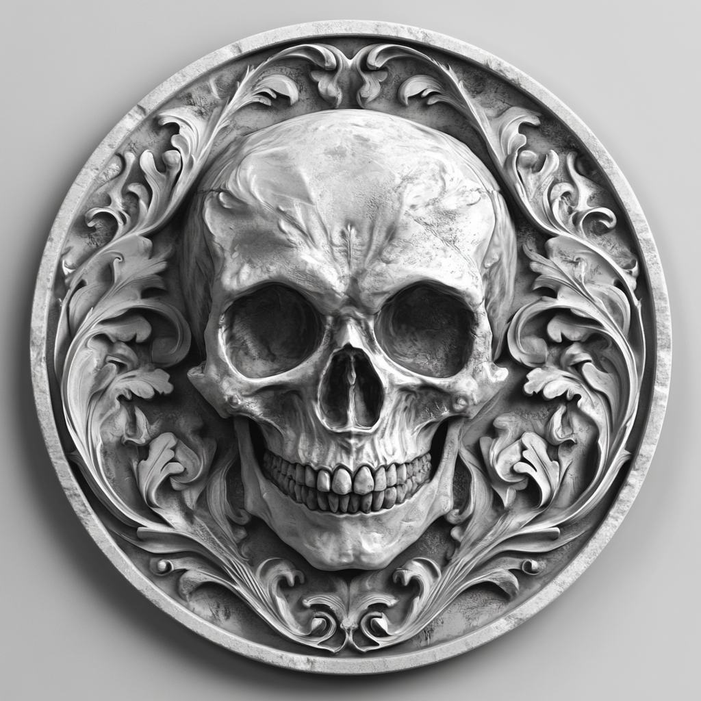 Design a high-contrast grayscale 3d bas relief of artistic skull, The composition should be circular like a coin emblem, designed for CNC routing with balanced lighting to accentuate fine details, sharp edges, and distinct textures. Employ deep shadows and strong highlights to define planes and surfaces clearly.