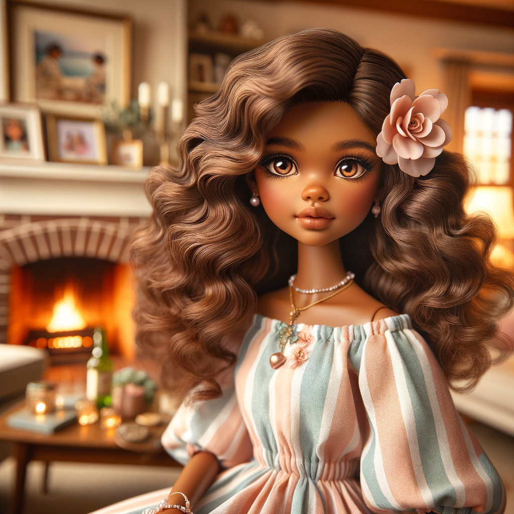 Create an image of a stylized, Latino brown skin doll-like girl seated in a cozy living room with a warm fireplace. She has voluminous, wavy hair cascading over her shoulders, tinted with shades of chestnut and mocha. Her large, expressive eyes are a deep brown, fringed with long, fluttery lashes. A delicate pink flower tucks behind one ear, complementing her youthful glow. She wears a pastel-striped summer dress with soft, flowing fabric that drapes elegantly over her small frame. Around her neck is a dainty necklace adorned with beads and a gentle sprinkle of gemstones reflecting subtle light. In her hand, she holds a pearly seashell as a charming accessory. Behind her, the living room is inviting, with plush furnishings, a mantelpiece adorned with family photos and trinkets, and a crackling fireplace that casts a comforting glow and dancing shadows around the room, enhancing the ambiance of a serene home setting