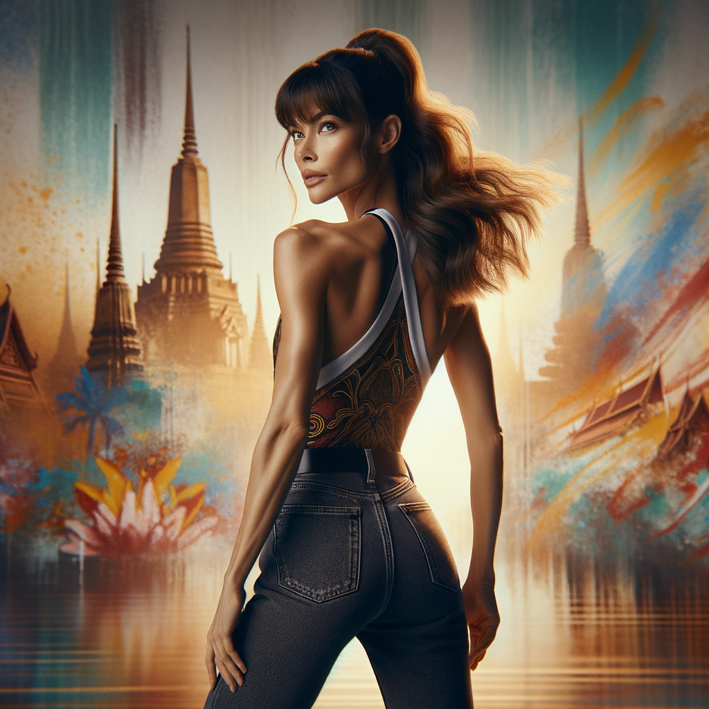 Athletic Thin skinny Attractive, Asian teenage girl, long brown hair and bangs, wearing tight skinny jeans and a halter top paint marks on her clothing, heroic pose Asian graffiti background, backside view