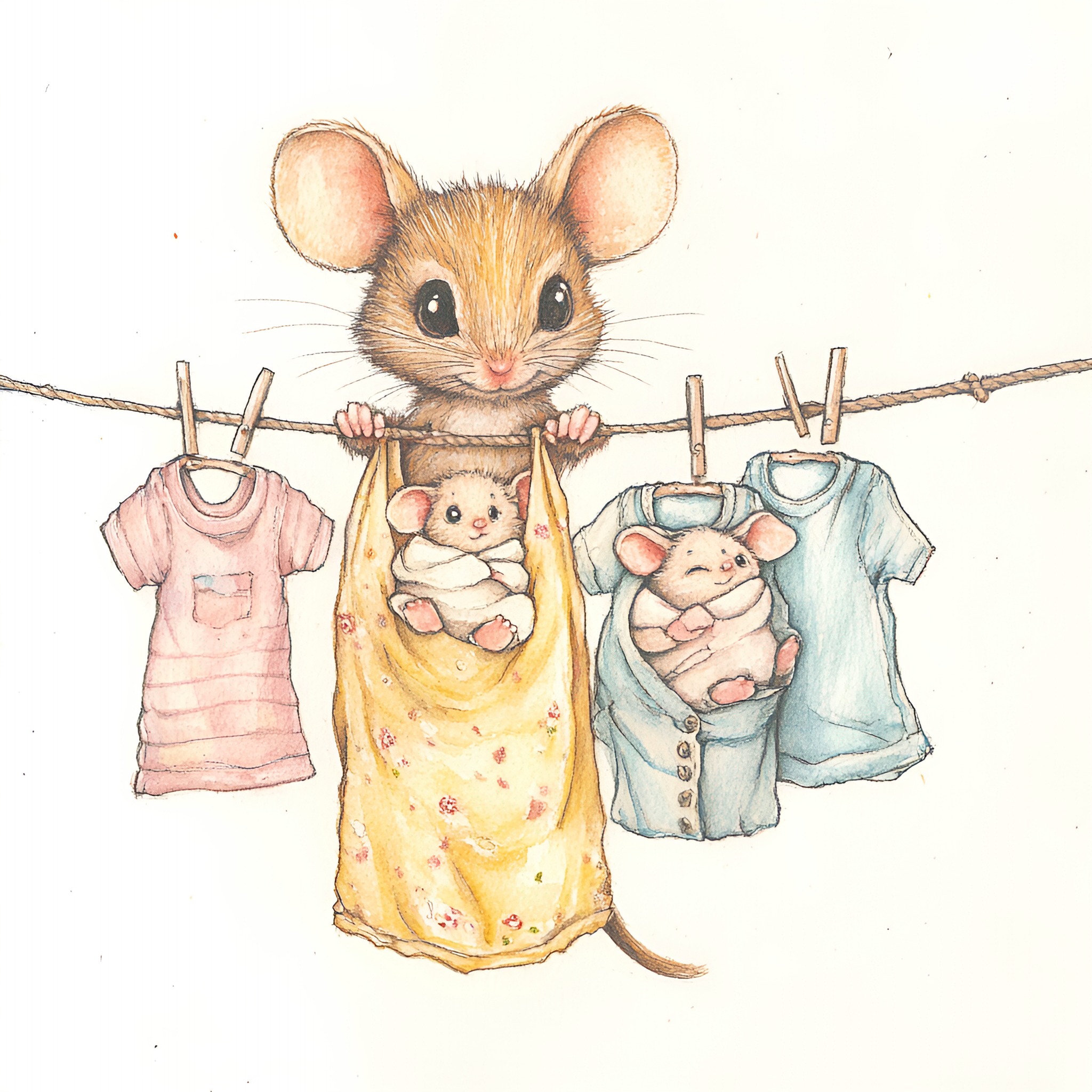 Cute mouse with expressive eyes, hanging laundry on a line which has lots of baby clothing hanging off it on clothing pins. She is adorable and has 2 little baby mice hanging from the line wrapped in blankets. Style is watercolor, with pencil outlines.