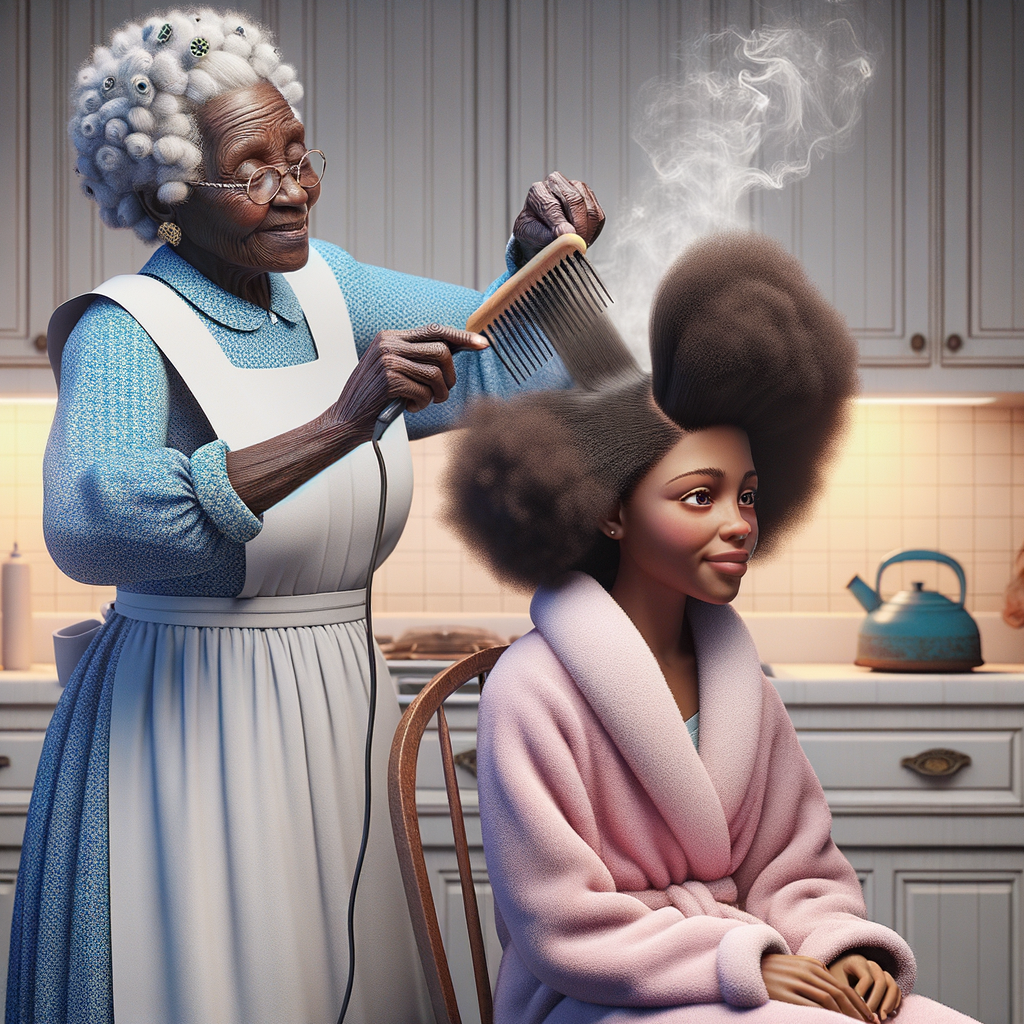 Create a realistic 3-D image of an african-American grandmother wearing a blue house dress and a white apron . She is in the kitchen with her african-American granddaughter. Her granddaughter is wearing a pink bath robe. The grandmother has a hot comb in her hand and she is straightening her granddaughters hair. One side of her granddaughters hair is in  a Afro the other straight 
There is smoke coming from the hot comb
The granddaughter is making a face