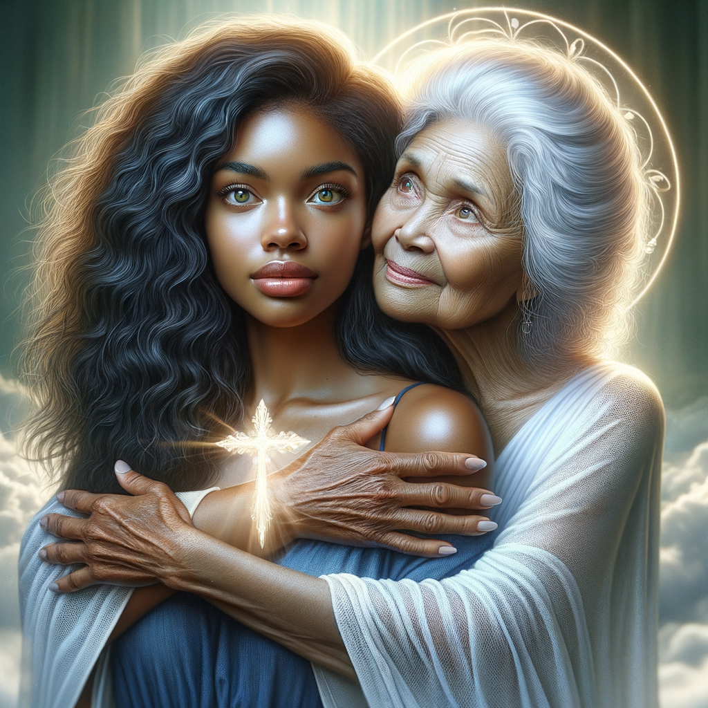 Create a realistic airbrushed illustration of an African-American woman with long, wavy black hair and hazel brown eyes, feeling a comforting embrace from her deceased grandmother, who stands behind her with arms wrapped around her in a gentle hug. The grandmother, depicted as a beautiful, ethereal presence, has graceful gray hair. Between them, a radiant cross symbolizes hope, faith, and the unbreakable bond that transcends the physical realm. This poignant scene captures a moment of spiritual connection and the enduring love between generations, set against a serene backdrop that emphasizes the sanctity of their bond. Ensure the illustration conveys a sense of peace, love, and transcendence, in a heavily HDR style at 300 dpi.