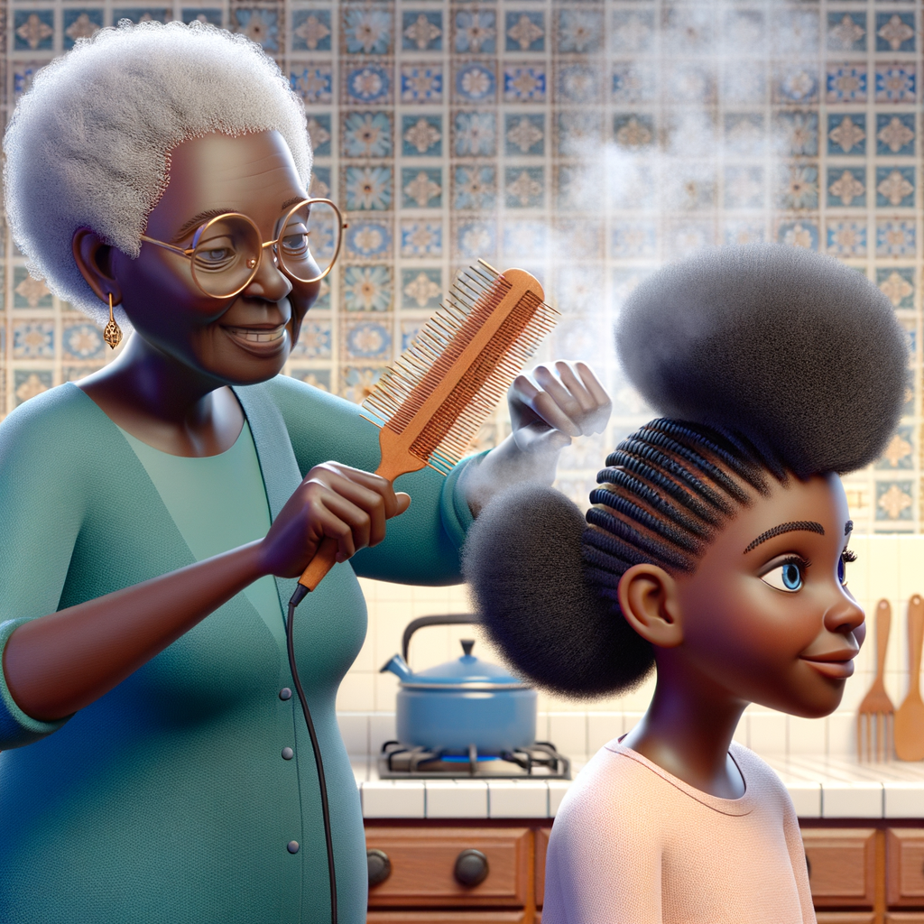 Create a realistic 3-D image of an african-American grandmother in the kitchen with her african-American granddaughter. The grandmother has a hot comb in her hair and she is straightening her granddaughters hair. One side of her granddaughters hair is in  a Afro the other is bone straight 
There is smoke coming from the hot comb