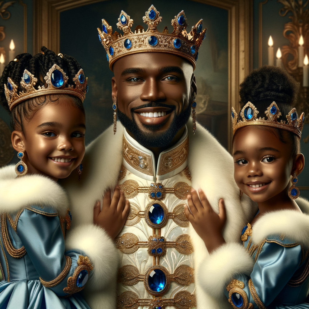 Imagine a regal portrait of an African American king with a warm and inviting smile, adorned in a majestic white and gold-trimmed robe, embellished with sapphire, blue  sapphire, jewels. His head is crowned with a stately gold crown, studded with matching jewels. He is holding two young princesses, one in each arm, who are his spitting image, with joyful expressions and wearing blue and gold dresses that complement his attire, complete with mini crowns and fluffy white fur at the collars and wrists. They are all in front of a luxurious backdrop, suggesting a palatial setting.