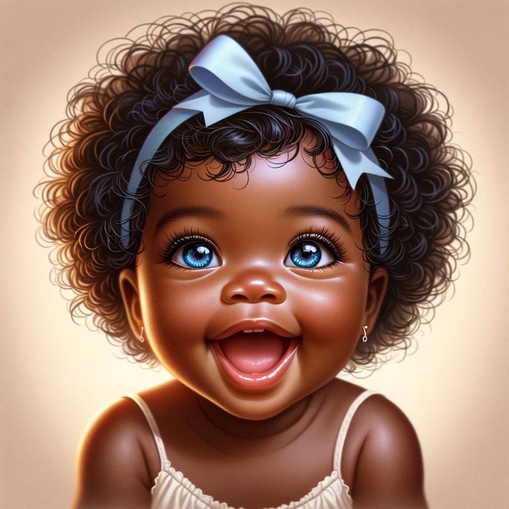 "Create a digital portrait of an adorable african-American baby girl with a joyful expression. Her big, bright blue eyes are wide with wonder, and her tiny mouth is shaped in a happy grin. Her skin has a warm, honey-brown tone, and she has an abundance of curly black hair, playfully tied up with light blue bows. The background is soft and neutral to keep the focus on her delightful features. The portrait should be vibrant and heartwarming, celebrating the innocence and charm of childhood."