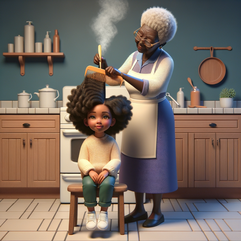 Create a realistic 3-D image of an african-American grandmother in the kitchen with her african-American granddaughter. The grandmother has a hot comb in her hair and she is straightening her granddaughters hair. One side of her granddaughters hair is in  a Afro the other is bone straight 
There is smoke coming from the hot comb