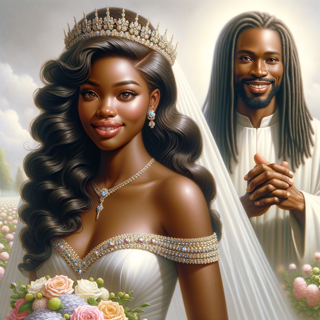 Create a 3-D realistic oil, painting of a beautiful African-American bride. She has long flooring, wavy hair and her gown has beautiful jewels around the neckline. in the background there is a beautiful African-American Jesus Christ with long dreadlocks, and he is smiling. He is very handsome pastel flowers throughout the image.