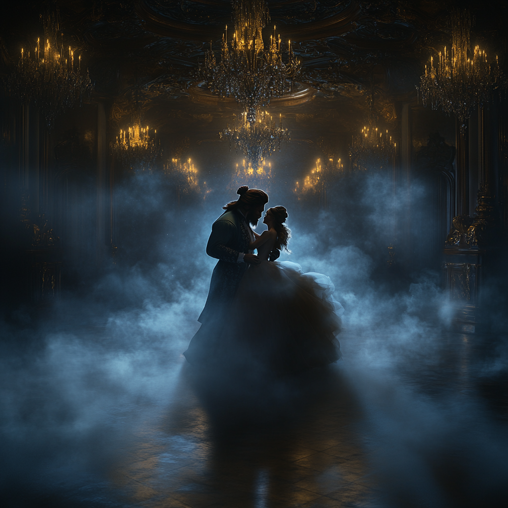 Beauty and the beast dancing in a ballroom surrounded by ghostly fog. Hyper expose. Ultra-detailed. The image should feature dark, surreal elements, and errie aesthetics, ultra-realistic style, 8K, C4D rendering, OC rendering,HDR,with a close-up picture,masterpiece, perfect composition and lighting