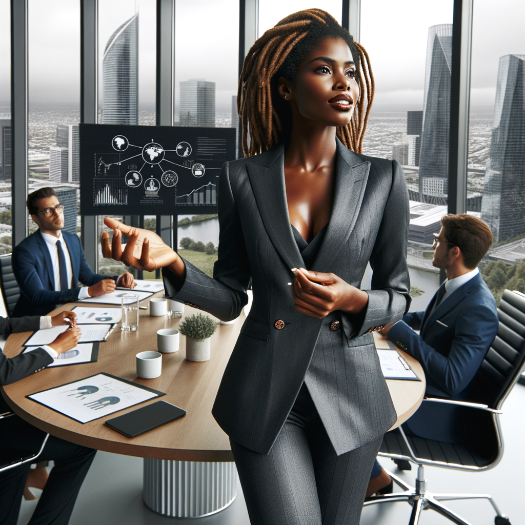 Describe a sophisticated Black woman with a caramel 
complexion, styled locs, and a sleek business suit, leading 
a boardroom discussion on environmental sustainability in 
a sleek urban office building."