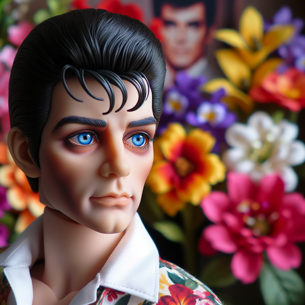 Elvis Presley doll with huge blue eyes flowers in the background