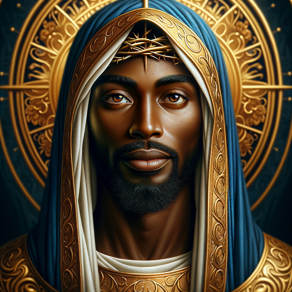 Create a African-American Christian Jesus, with brown eyes, wearing a blue and gold robe