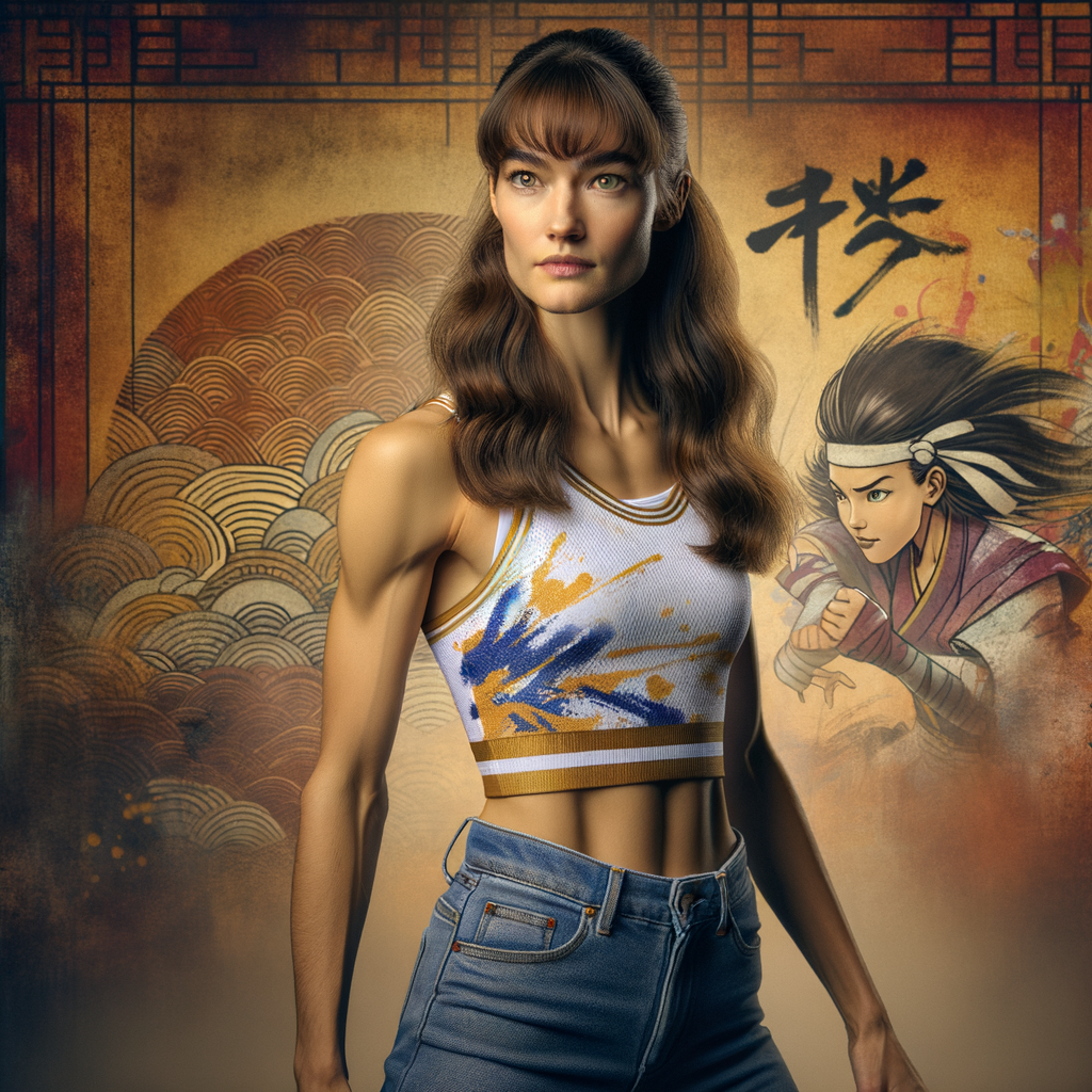 Athletic Thin skinny Attractive, Asian teenage girl, long brown hair and bangs, wearing tight skinny jeans and a halter top paint marks on her clothing, heroic pose Asian graffiti background, side view