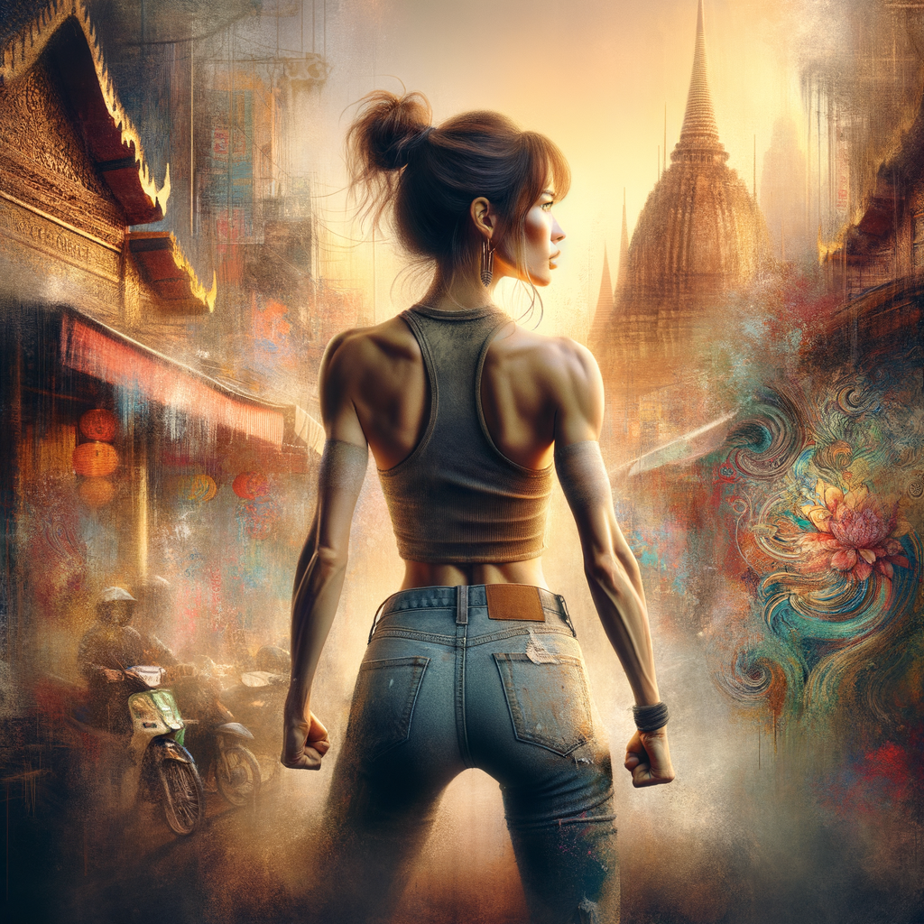 Athletic Thin skinny Attractive, Asian teenage girl, long brown hair and bangs, wearing tight skinny jeans and a halter top paint marks on her clothing, heroic pose Asian graffiti background, backside view