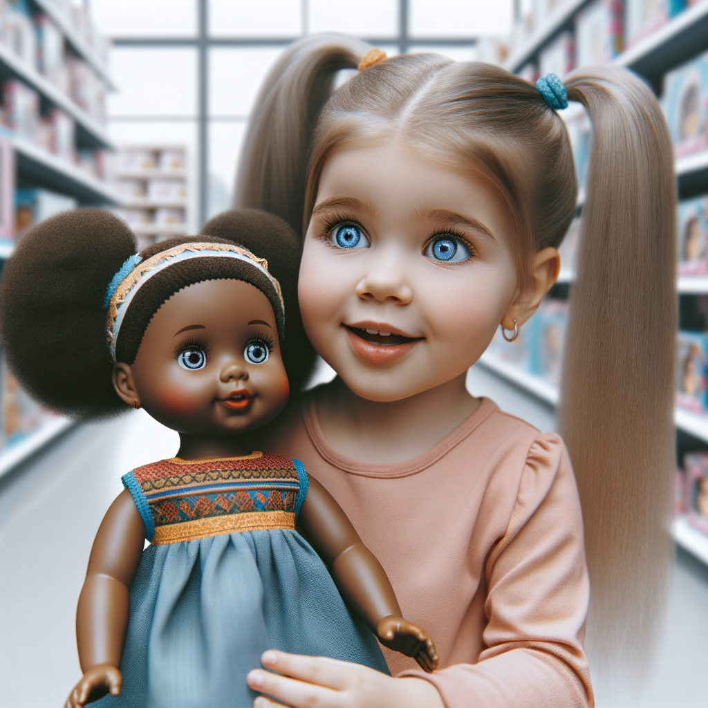 Create a 3-D image of a little girl inside of a very large toy store. The little girl has thick, ponytails and huge blue eyes. She is playing with her favorite doll, the doll is a African-American Cabbage Patch doll. That looks just like her.