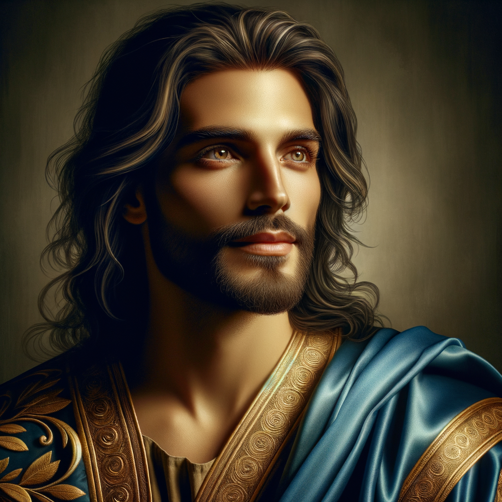 Create a beautiful African-American Jesus Christ with Hazel, brown eyes and blue and gold robe