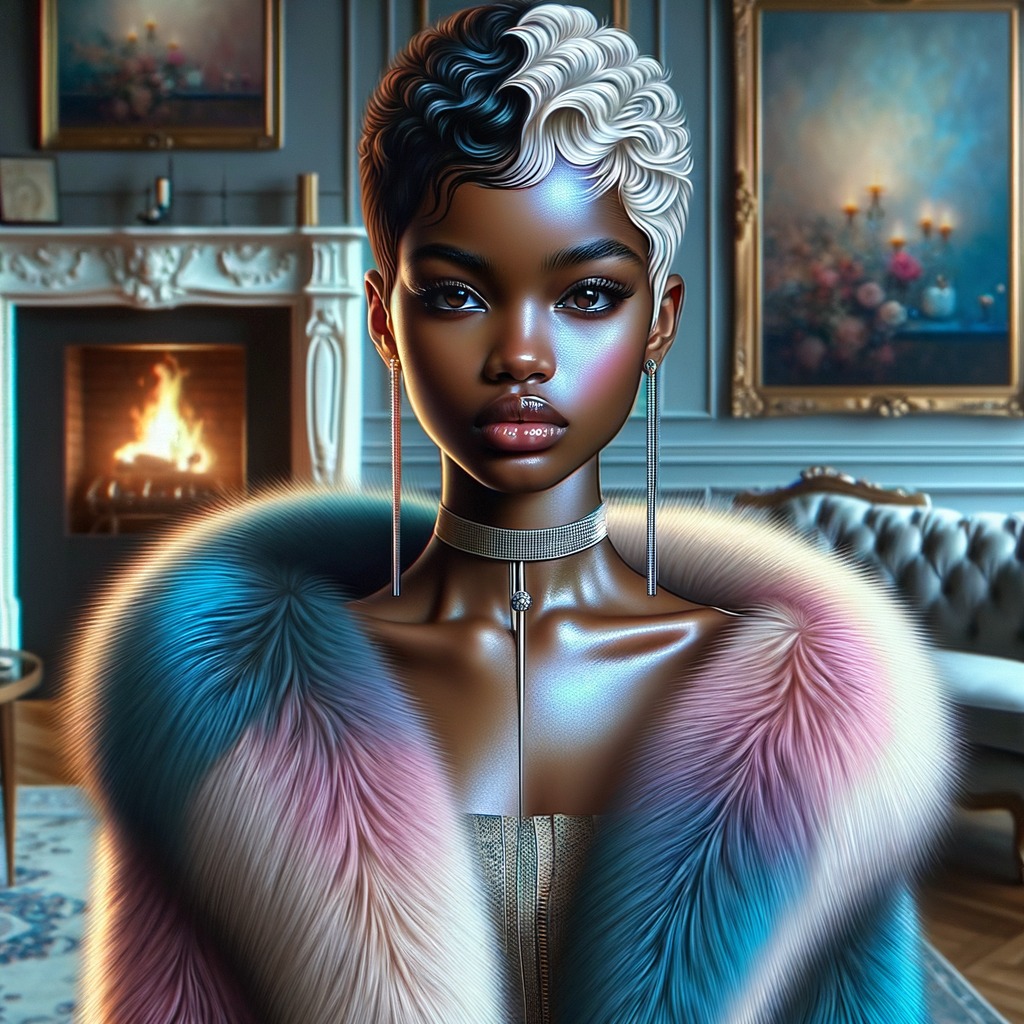 a full body veiw of a colorful gloss hyper realistic oil painting of a regal beautiful light skinned afro  American girlwith beautiful pixie cut one side of hair is black and the other side  of her hair white slick baby hair and furry white and pink and blue furry coat and outfit under the coat standing in living room with fireplace