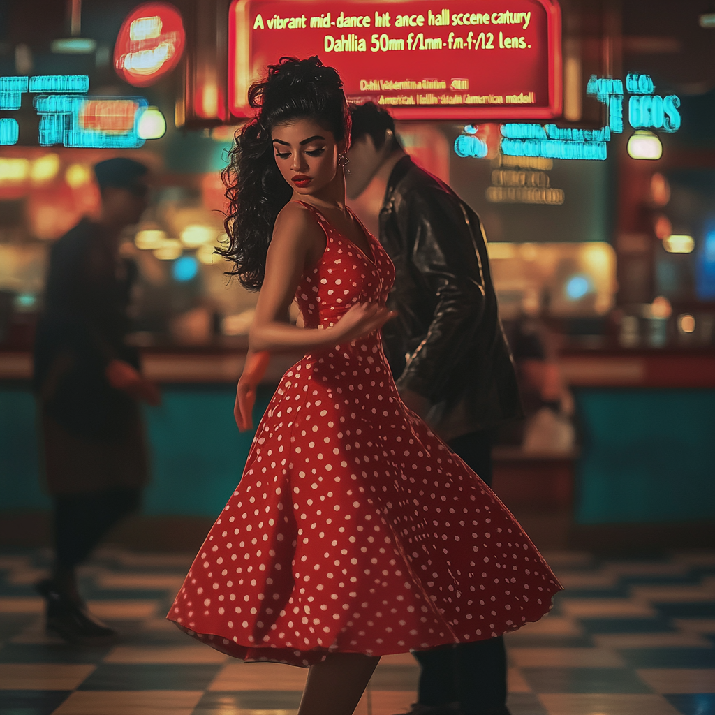 “A vibrant mid-century dance hall scene captured with a Canon EOS R5 and a 50mm f/1.2 lens. the image is focused on Dahlia Valentina fit tall supple well endowed tanned Italian American model (DahliaValentina_ai) stands in the center of a 1950s rockabilly dance, spinning in a bright red polka-dot dress with a fitted bodice and a flared skirt that lifts as she twirls. Her long wavy black hair is tied up with a matching headscarf, and she wears classic cat-eye eyeliner with a bold red lip. She dances with a charming partner dressed in a leather jacket and cuffed jeans, both caught mid-motion in a lively jitterbug step. The neon signs glow behind them, casting warm reflections on the checkered dance floor. The energy of the crowd, jukebox music, and the flickering of retro diner lights add to the nostalgic atmosphere. The composition follows dynamic angles, emphasizing movement and vintage allure.”