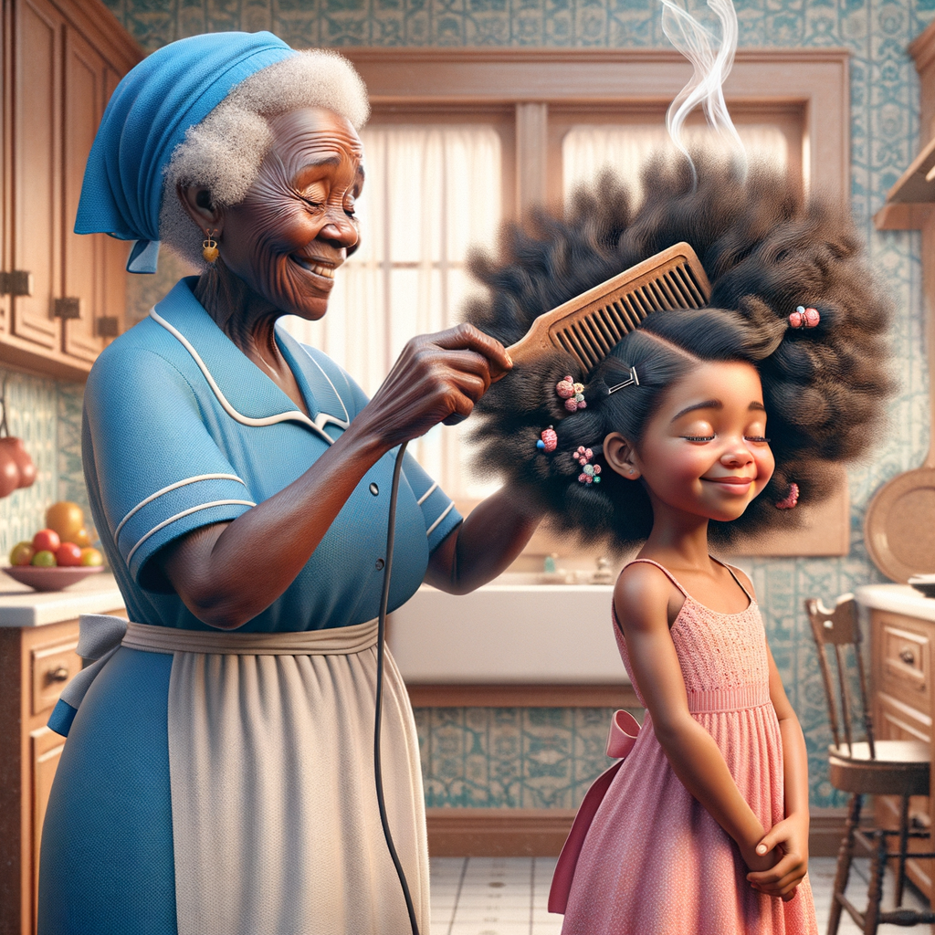 Create a realistic 3-D image of an african-American grandmother wearing a blue house dress. She is in the kitchen with her african-American granddaughter. Her granddaughter is wearing a pink dress The grandmother has a hot comb in her hand and she is straightening her granddaughters hair. One side of her granddaughters hair is in  a Afro the other straight 
There is smoke coming from the hot comb