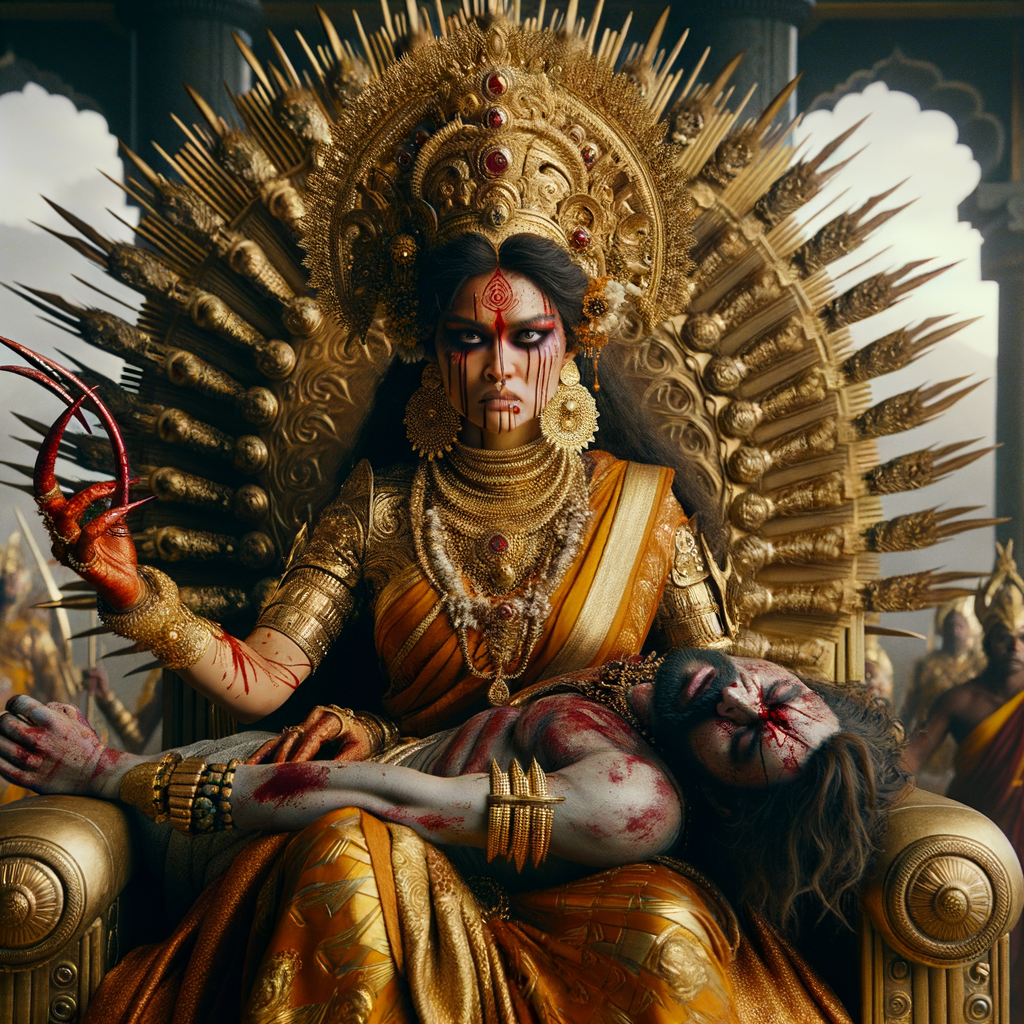 portrait of extremely angry looking goddess durga cosplayer sitting on a gold crown and carrying a weak mahishasur on her lap and poking him with her amazingly long red fingernails. She is wearing gold armor, a huge gold crown, gold saree, abundant  gold jewelry, covered in blood. The scene is set in ancient India. The image is 8K resolution, cinematic, photography, ultra detailed face and epic.