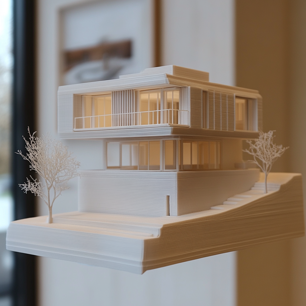 3D printed scale model of a modern house being displayed as art on a wall