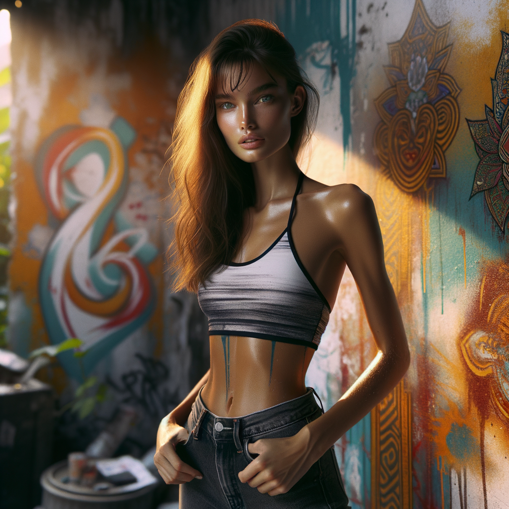 Athletic Thin skinny Attractive, Asian teenage girl, long brown hair and bangs, wearing tight skinny jeans and a halter top paint marks on her clothing, heroic pose Asian graffiti background, side view