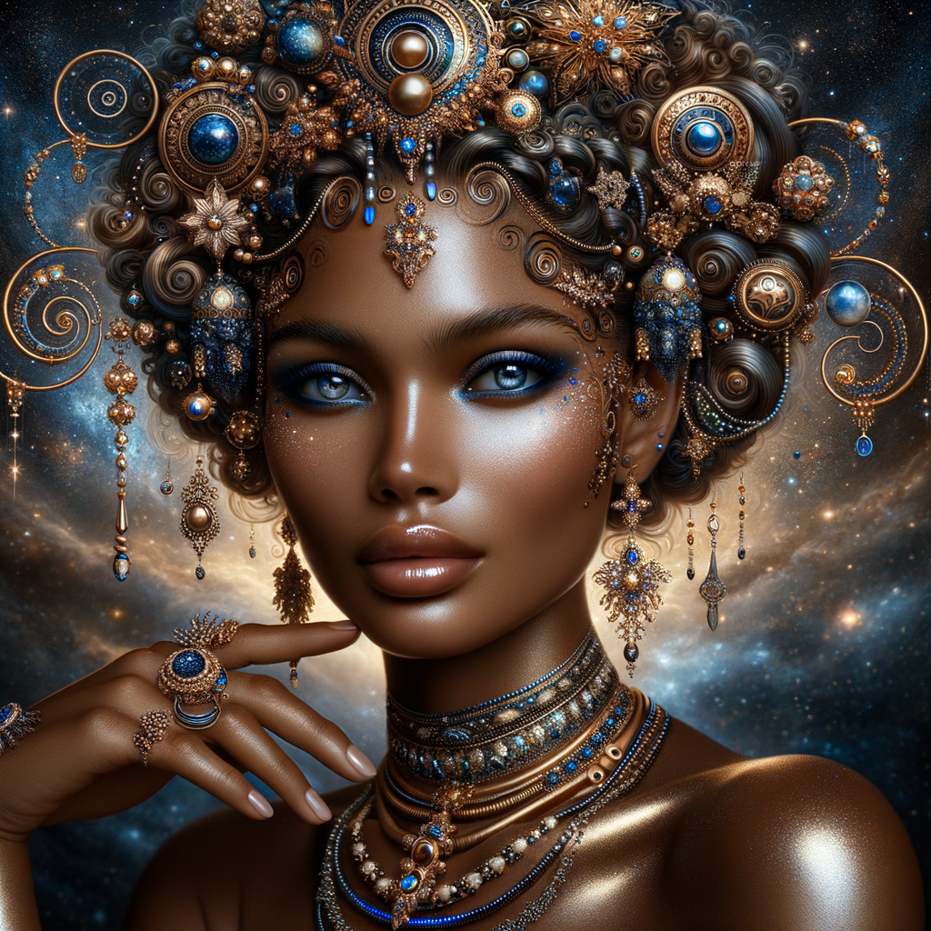 "Create a portrait of a regal  latino woman with an ethereal and cosmic theme. Her skin is a glossy tan brown, with a smooth and flawless finish that reflects light. Her eyes are a striking electric blue, like sapphires, with a makeup that accentuates their shape and the intensity of their color. Her hair is styled into an intricate array of braids, coils, and twists that cascade down and frame her face, adorned with beads and jewels that catch the light. She wears an elaborate headdress made of swirling patterns and motifs that evoke the mysteries of the universe, studded with shimmering stones and intricate enamel work in hues of blue and gold. Her attire consists of a cascade of layered necklaces and a majestic, shoulder-grazing earring, each piece detailed with a mix of precious stones, metals, and intricate beadwork. The background is a tapestry of stars and nebulas, suggesting a connection to the cosmos. Her pose is serene, with a hand gracefully touching her chin, adorned with rings that complement her other jewelry, all coming together to suggest an aura of wisdom and grace."