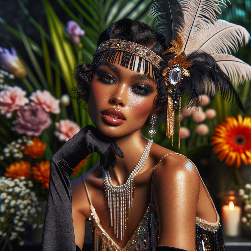 Picture a light-skinned African-American woman with striking Hawaiian features, immersed in the roaring 1920s. She's a dazzling flapper, her lively spirit captured in her attire and poise. She wears a shimmering black and gold flapper dress adorned with sequins and fringe that glisten with her every movement. Around her head, a matching headband sits gracefully, embellished with feathers and a jewel that echoes the opulence of the era. Her hair is styled in perfect finger waves, highlighting her alluring gaze and bold makeup typical of the 1920s—a smoky eye and dark, glossy lips. The background is a kaleidoscope of vibrant tropical flowers, creating a lush and vivacious scene that reflects her Hawaiian roots. Her entire demeanor is one of elegance and jubilance, a true celebration of her heritage and the exuberant era she embodies.