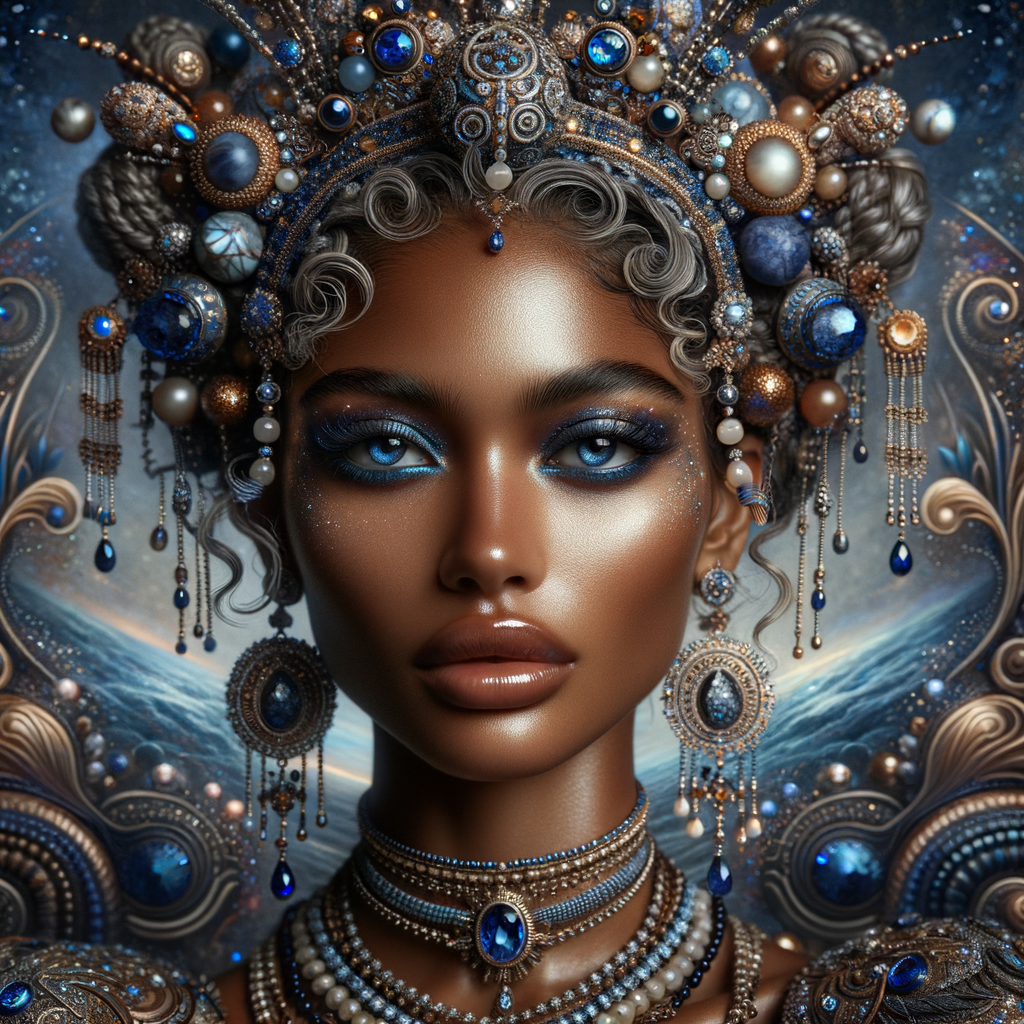 "Create a portrait of a regal  latino woman with an ethereal and cosmic theme. Her skin is a glossy tan brown, with a smooth and flawless finish that reflects light. Her eyes are a striking electric blue, like sapphires, with a makeup that accentuates their shape and the intensity of their color. Her hair is styled into an intricate array of braids, coils, and twists that cascade down and frame her face, adorned with beads and jewels that catch the light. She wears an elaborate headdress made of swirling patterns and motifs that evoke the mysteries of the universe, studded with shimmering stones and intricate enamel work in hues of blue and gold. Her attire consists of a cascade of layered necklaces and a majestic, shoulder-grazing earring, each piece detailed with a mix of precious stones, metals, and intricate beadwork. The background is a tapestry of stars and nebulas, suggesting a connection to the cosmos. Her pose is serene, with a hand gracefully touching her chin, adorned with rings that complement her other jewelry, all coming together to suggest an aura of wisdom and grace."