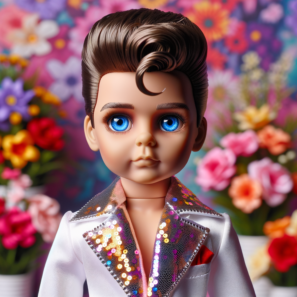 Elvis Presley doll with huge blue eyes flowers in the background