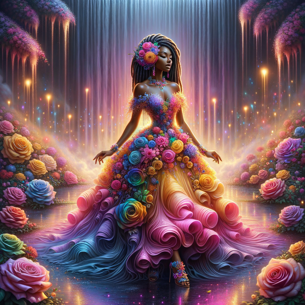 Remix Prompt
S/O Jackie Torres
S/O Panda Locke

create a animated style hyper realistic airbrush whimsical oil painting of a light African American woman wearing a flawless beautiful purple, pink, and gold blossom dress long flowing with colorful flowers and ruffles on the dress colorful jewelry made of flowers she has long black dreadlocks in a bun a colorful rose in her hair her peep toe shoes is matching her dress behind her is a beautiful waterfall liquid glowing lights beautiful colorful rainbow surrounded by beautiful roses.