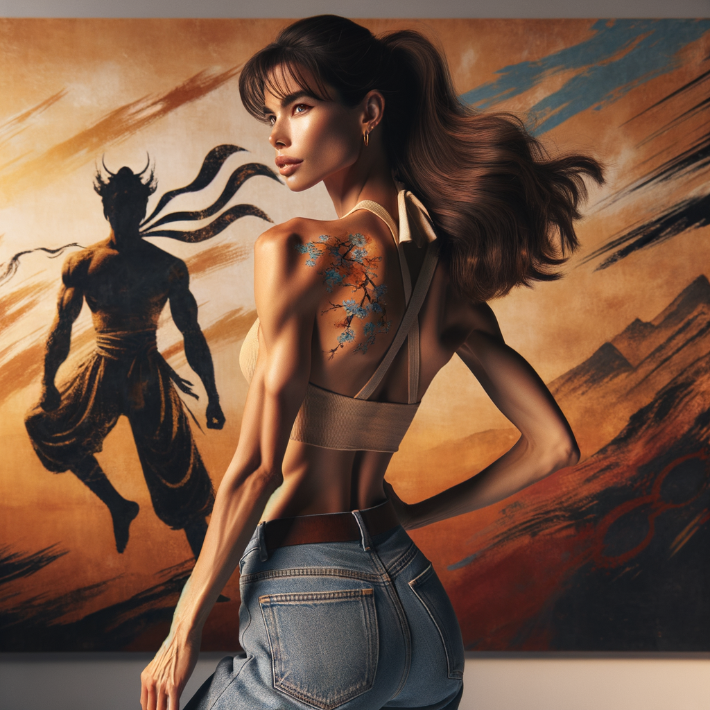 Athletic Thin skinny Attractive, Asian teenage girl, long brown hair and bangs, wearing tight skinny jeans and a halter top paint marks on her clothing, heroic pose Asian graffiti background, backside view