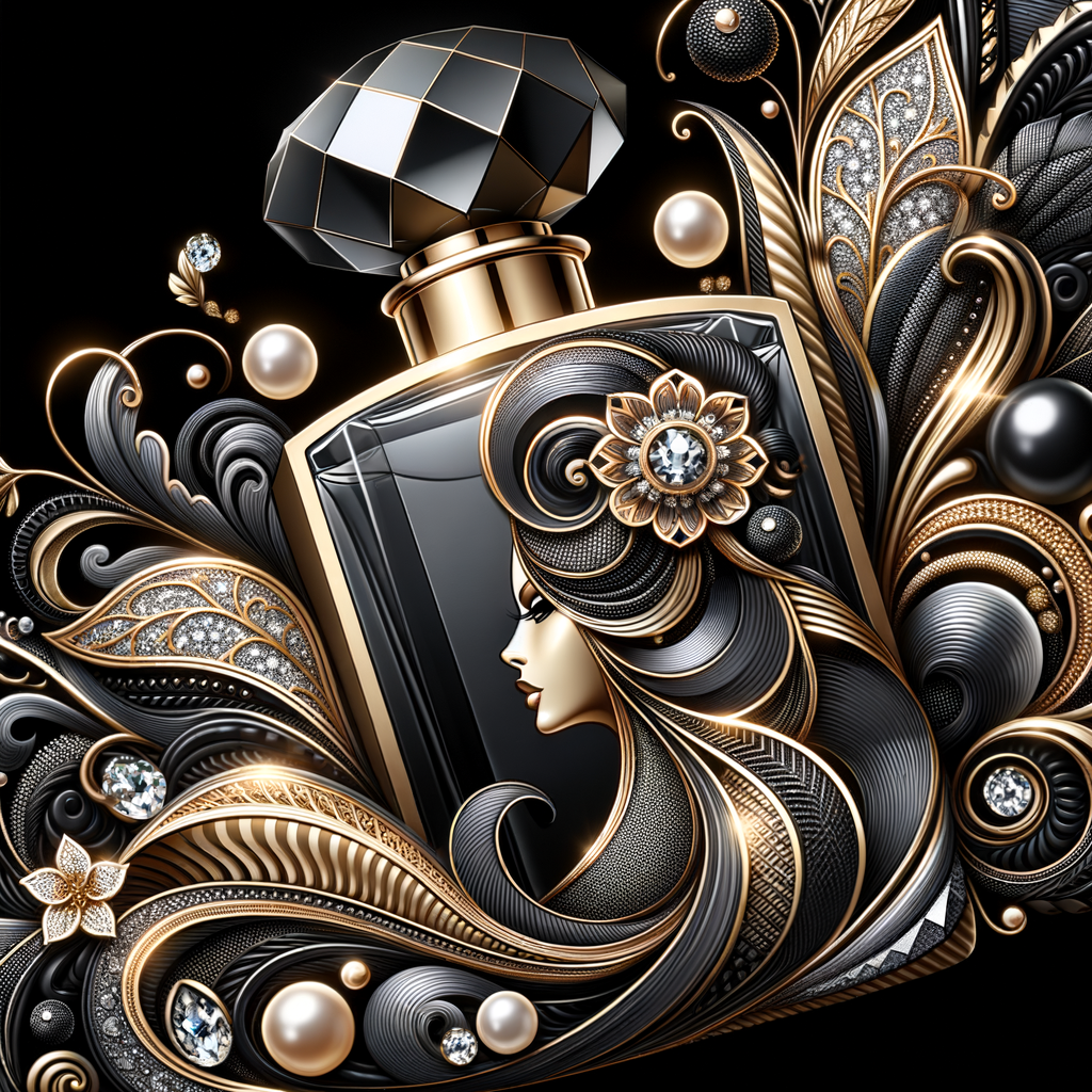 Design a fancy, black and gold bottle of perfume in the shape of a woman’s body. With a golden diamond top, flowers pearls and Diamonds in the name, Karen