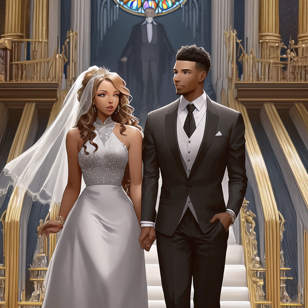 Create a realistic airbrushed illustration of a beautiful African-American couple at their wedding. The woman has flawless makeup, long wavy hair, and wears a spectacular gown adorned with various types of jewels, embodying elegance and sophistication. Her partner, an African-American man, is dressed in a sleek black Gucci suit and sports a fade crop top haircut, adding a modern flair to his dapper appearance. They stand together in a beautiful church, which is enhanced by colorful stained glass windows casting a vibrant glow around them, adding to the solemnity and joy of the occasion. The image should capture the essence of their love and the intricate details of their attire and the setting, all in a heavily HDR style at 300 dpi.