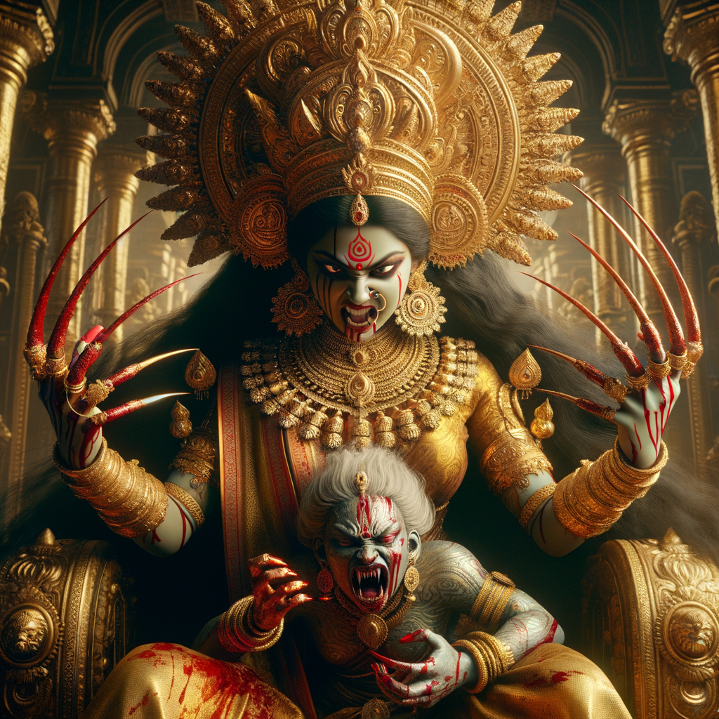 photograph of angry looking goddess durga sitting on a gold crown and carrying a weak mahishasur on her lap and poking him with her amazingly long red fingernails. She is wearing gold armor, a huge gold crown, gold saree, abundant  gold jewelry, covered in blood. The scene is set in ancient India. The image is 8K resolution, cinematic, photography, ultra detailed face and epic.