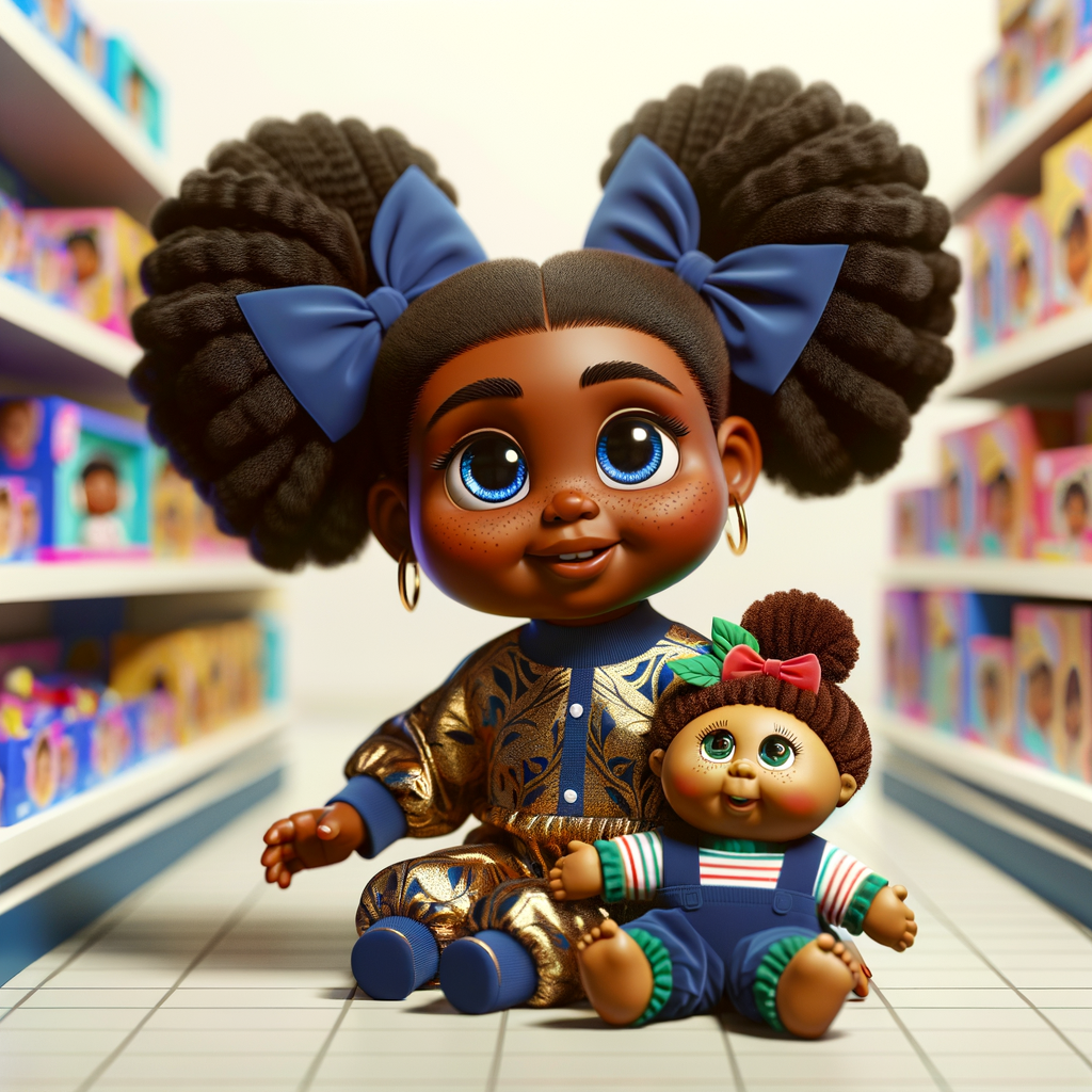 Create a 3-D image of an african-American little girl inside of a medium size, toy store. The little girl has thick long, ponytails and huge blue eyes. She has on a gold and blue jumpsuit with matching bows, She is playing with her favorite african-American cabbage patch doll, the doll has deep, dimples, and freckles and looks just like her