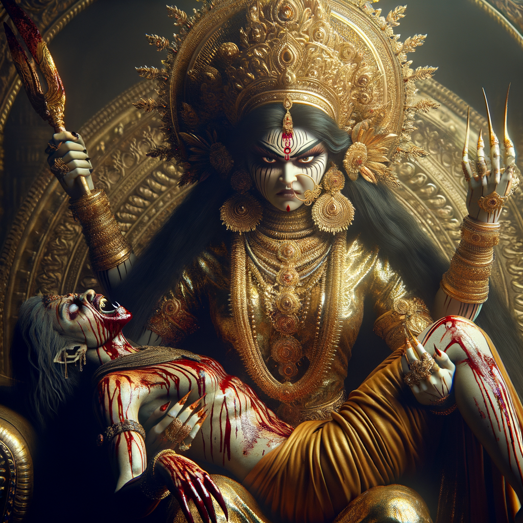 portrait of angry looking goddess durga sitting on a gold crown and carrying a weak mahishasur on her lap and stabbing his belly  with her amazing long fingernails. She is wearing gold armor, a huge gold crown, gold saree, abundant  gold jewelry, covered in blood. The scene is set in ancient India. The image is 8K resolution, photography, cinematic, ultra detailed face and epic